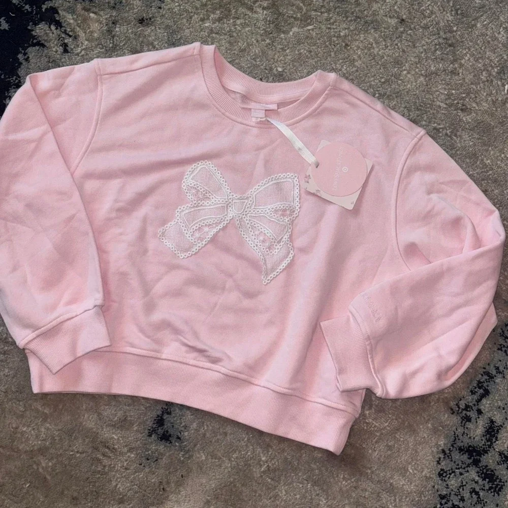 Youth xxl pink LoveShackFancy crewneck sweatshirt white lace bow